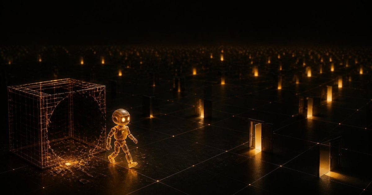 Illustration of a glowing amber robot stepping out of a broken wireframe box onto a dark grid of doorways lit from inside
