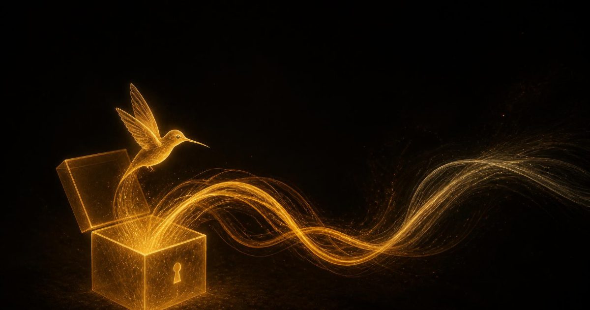 Amber hummingbird of light hovering beside an open glowing cube on a dark background, two streams of light flowing out