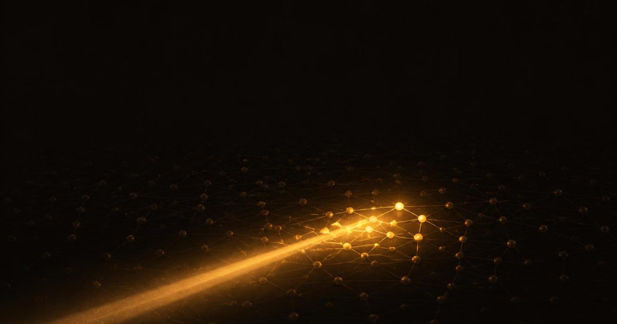 Amber beam of light cutting through a dark lattice of nodes, lighting only a small glowing cluster where it lands