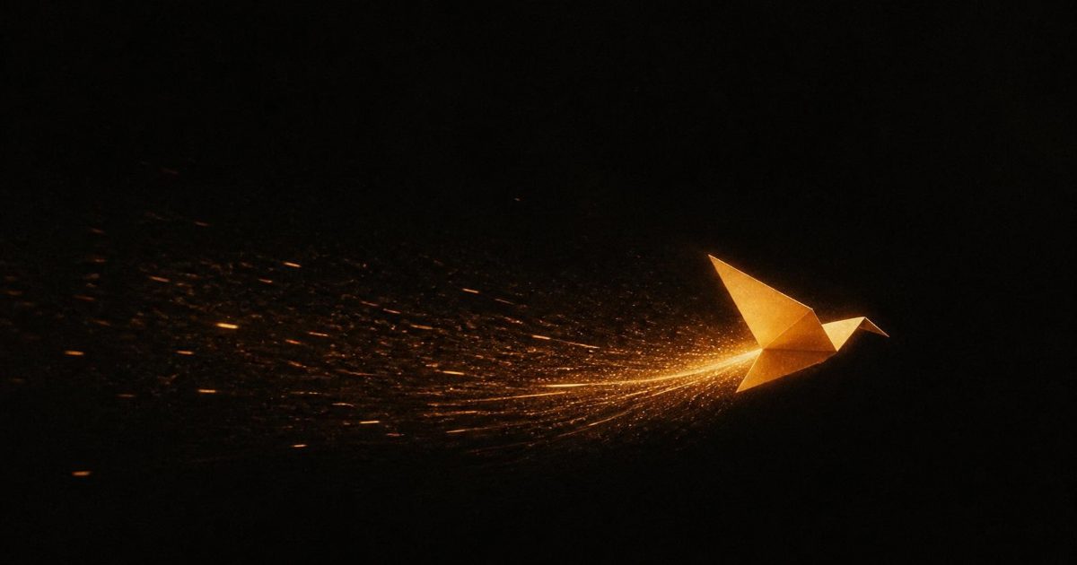 A small origami bird made of amber light darts across a near-black background, trailing a long stream of glowing sparks