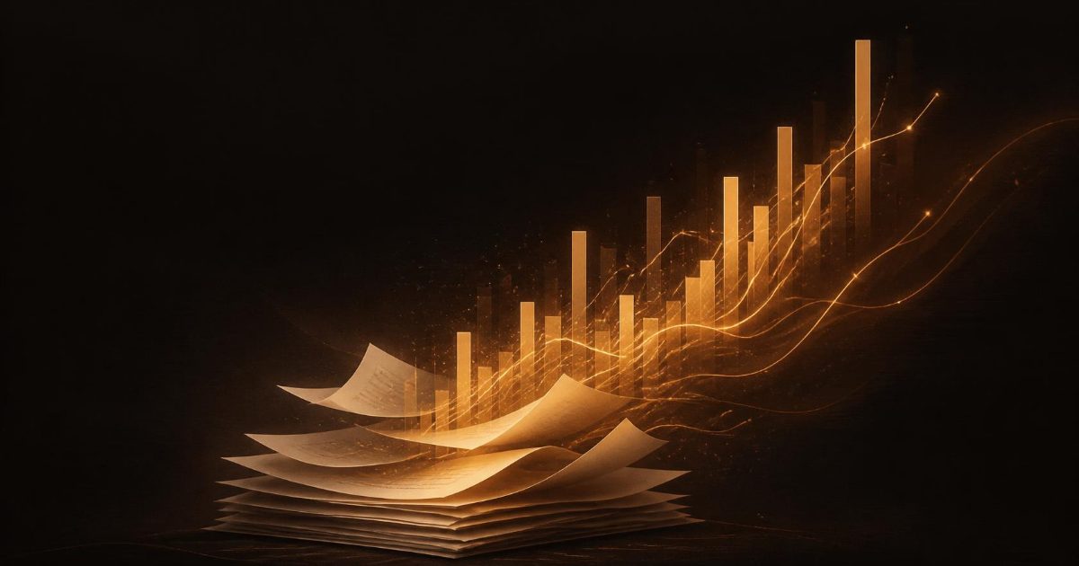 A loose stack of paper sheets lifts into glowing amber bar charts and golden line graphs against a dark, moody backdrop