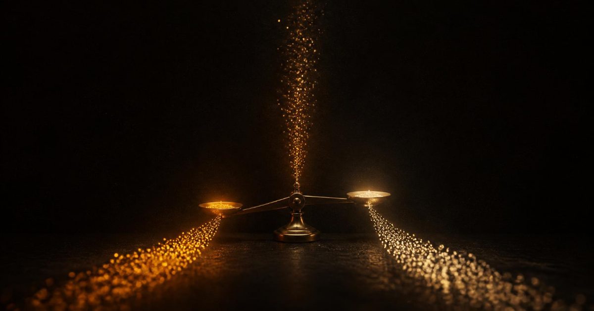 A small brass balance scale sorts a falling stream of glowing amber particles into gold and cream paths on a dark ground