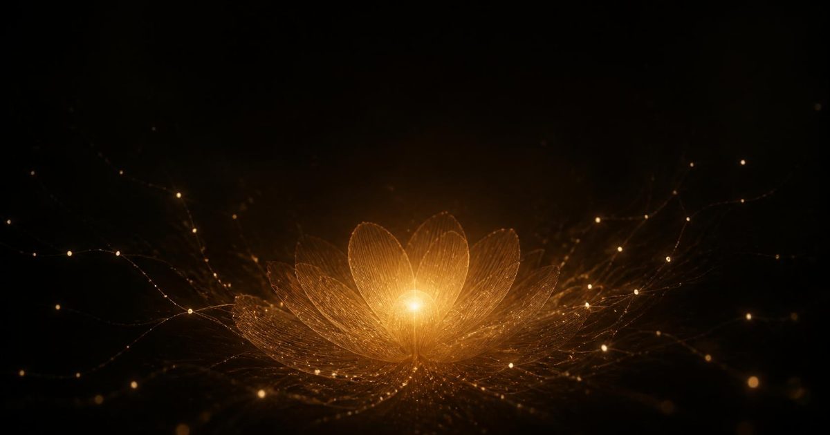 A glowing amber flower woven from fine threads of light opens on a dark background, with honey-gold sparks drifting outward.
