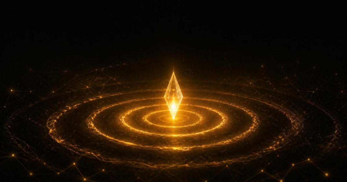 A glowing amber crystal core sends rings of golden light rippling out across a dark field of faint connected nodes.