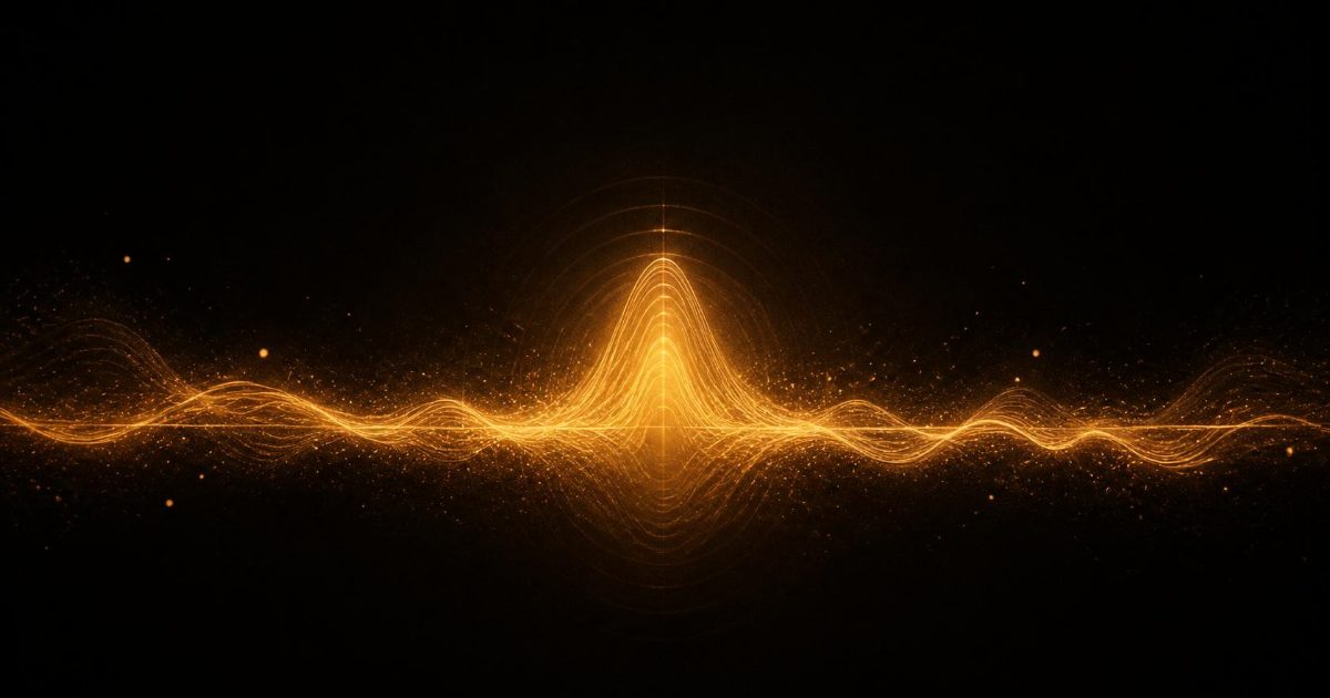 Abstract amber and gold sound wave rising to a bright peak on a dark background, representing xAI's Grok Voice 3.0 model