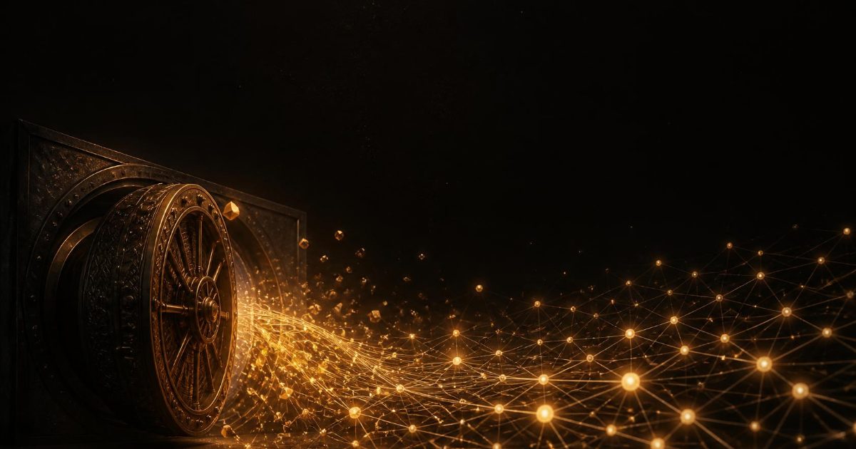 Ornate amber vault door swinging open in the dark, releasing streams of golden light that fan out into a web of glowing nodes